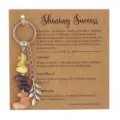 Beaded keychain with natural Citrine Amethyst and Sunstone stones on a kraft gift card - Leaf Pendant (3978) / Citrine Amethyst Sunstone Mix
