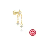 925 sterling silver star cartilage stud with dangling CZ chains in gold finish - 八芒星双细金属链流苏款(单只金色#8)