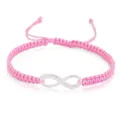 Handmade pink braided rope bracelet with silver infinity symbol and adjustable flat knot - Pink