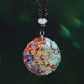 Close-up of Metatron's Cube resin pendant with colorful crushed natural crystals. - Metatron's Cube