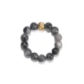 Minimalistischer 4mm Labradorit Naturstein elastischer Perlenring mit goldener Metallperle - Ring / 4mm Runde Perle / Grauschwarz