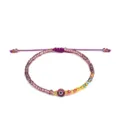 Handgefertigtes violettes Perlenarmband mit rotem Evil Eye und bunten Kristallakzenten - Lila