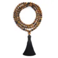 Collar pulsera mala de 108 cuentas de ojo de tigre con borla larga de seda para meditación - Collar