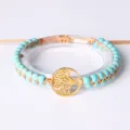 Handgeweven armband van turquoise kralen met gouden levensboom hanger van staal - Groene Turquoise Goud Roestvrij Staal