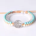 Handgeweven levensboom armband met turquoise en witte kralen op een transparante voet - Wit Groene Turquoise Zilver Roestvrij Staal