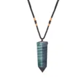 Hexagonal prism blue crystal pendant with chatoyant stripes on braided cord necklace - Flash Stone (Labradorite)
