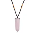 Elegant rose quartz hexagonal prism pendant necklace with handcrafted brown braided rope - Rose Quartz
