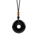 Traditionelle schwarze Obsidian Ping An Kou Anhänger Halskette mit lila Kordel - Schwarzer Achat