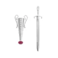 Detailed view of S925 sterling silver sword and vase brooch with red gemstone - L