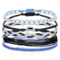 Bohemian wax cord bracelet set with silver anchor charm and light blue beads for ocean style - Anchor Style (3519)