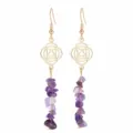 Boucles d'oreilles pendantes en éclats d'améthyste avec mandala géométrique doré - Pendants Longs / Améthyste