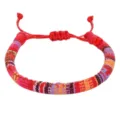 Handmade ethnic woven bracelet with colorful geometric patterns and red cotton cord - 9-Red Floral