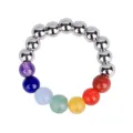 4mm Regenbogen Edelstein Elastischer Ring mit Silbernen Metallperlen und Chakra Steinen - B Kupferperlen Stein-Stil / 4mm Perlen