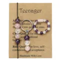 Handmade amethyst and rose quartz crystal beaded bracelet, ring, and keychain gift set - Three Piece Set And Card