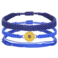 Juego de pulseras bohemias hechas a mano de cordón de cera trenzado con girasol amarillo azul - Set de tres piezas / Azul marino