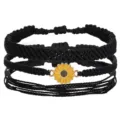 Juego de pulseras bohemias hechas a mano con dije de girasol y cordón encerado negro - Set de tres piezas / Negro