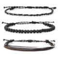 Hand-woven wax thread and volcanic stone bracelet 3-piece set in neutral tones - Three-Piece Set / Lava Stone