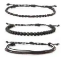 3-piece set of handmade braided wax cord and tiger eye stone beaded friendship bracelets - Three-Piece Set / Silver Sheen Obsidian
