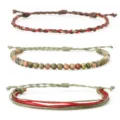 Handmade 3-piece woven wax cord bracelet set featuring natural stone beads decor - Three-Piece Set / Unakite