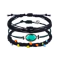 Boho-Armband-Set aus schwarzem Wachsfaden mit grünem Glaskristall und bunten Perlen - Schwarzes Armband-Set (6)