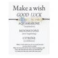 Handmade wish bracelet with aquamarine, moonstone, and citrine chips on a display card - Crushed Stone (3716)