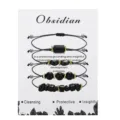 4-piece minimalist black obsidian bead bracelet set with adjustable cord on decorative card - Black (Obsidian)