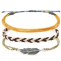 3er-Set böhmische, handgefertigte gewachste Armbänder mit einem silbernen Federanhänger. - Khaki Feder Geflochtenes Armband 3er Set (3)
