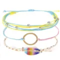 Böhmisches Set gewebter Wachskordel-Armbänder mit buntem Muschel- und Goldring-Charm. - Blau Pink Regenbogen Muschel Geflochtenes Armband 3er Set (9)