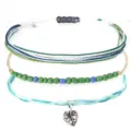 Handgefertigtes Boho-Set aus gewachsten Kordelarmbändern mit Perlen und Blattanhänger - Hellblau Monstera Blatt Geflochtenes Armband 3er Set (12)