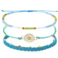 Bohemian blaues Wachsschnur-Armbandset mit weißem Gänseblümchen-Anhänger und bunten Perlen. - Cyan Gänseblümchen Sonnenblume Perlenarmband 3er Set (13)