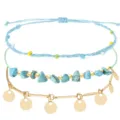 Handgemachtes Boho gewachstes Armband Set mit Türkis Steinen und runden goldenen Anhängern - Himmelblau Türkis Metallplättchen Armband 3er Set (16)
