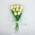 Artificial yellow tulip bouquet with green leaves and white ribbon for home decor - 35cm / New Lily of the Valley Tulip Beige