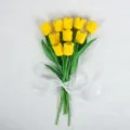 Artificial yellow tulip bouquet with green leaves and white ribbon for home wedding decor. - 35cm / New Lily of the Valley Tulip Yellow