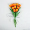 Artificial orange tulips bouquet with green leaves and white ribbon for home wedding decor - 35cm / New Lily of the Valley Tulip Sunset Red