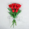 Artificial red tulip bouquet with green leaves and white ribbon for wedding decoration prop. - 35cm / New Lily of the Valley Tulip Red