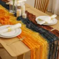 Camino de mesa arrugado bohemio mantel de gasa tie-dye color mixto ideal para la fiesta de bodas - Naranja + amarillo + negro + marrón (degradado)