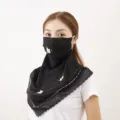 Detailed close-up of a black chiffon sun protection face veil with delicate white embroidery. - One Size / 06 Embroidery - Black
