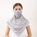 Detail shot showing the elegant floral embroidery and grey chiffon fabric of the sun-protection face mask. - One Size / No. 7 Embroidered Pink Flowers on Gray Base