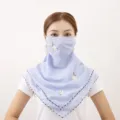 Light blue floral embroidered sun protection face mask, soft chiffon neck gaiter detail view. - One Size / 12 Embroidered Sky Blue