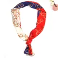 Pañuelo delgado de seda moda estampado de cadena bufanda elegante cinta de bolso mujer - Bloques de Color Rojo-Azul
