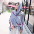 Cotton linen embroidered ethnic shawl scarf for women, elegant floral design travel accessory. - 90x170cm / Light Gray