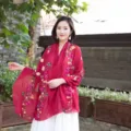 Red cotton linen embroidered ethnic shawl scarf for travel and daily wear stylish accessory - 90x170cm / Wine Red