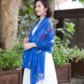 Blue embroidered linen shawl bohemian floral scarf for women travel sun protection - Sapphire Blue
