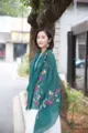 Green cotton linen embroidered ethnic style shawl scarf for women, vintage floral wrap. - 90x170cm / Green