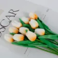 Artificial tulip flowers, PU touch gradient orange white fake floral bouquet for home decor. - 35cm / Light Champagne