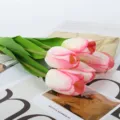 48cm Artificial Tulip Silk Flowers Bouquet Fake Floral for Wedding Party Home Decor Props - Silk Fabric White with Pink Edges