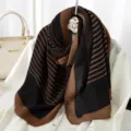 Fall winter pleated striped scarf for women, elegant black and brown warm cozy fashion shawl. - Style 7