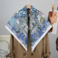 Lujoso pañuelo cuadrado de seda con estampado floral 90cm mujer diseñador elegante chic - Azul