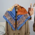 Lujoso panuelo cuadrado de seda de 90cm con estampado, elegante estilo azul y naranja. - Estilo 4