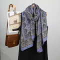 Bufanda larga de lino con estampado paisley azul, chal floral elegante para aire acondicionado. - Azul